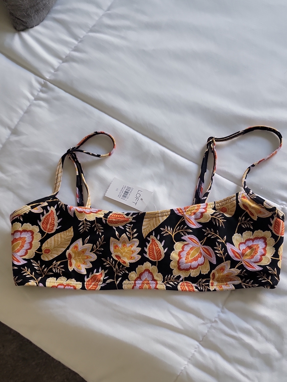 LOFT Black Floral Bandeau Bralette with Orange & Cream Blooms